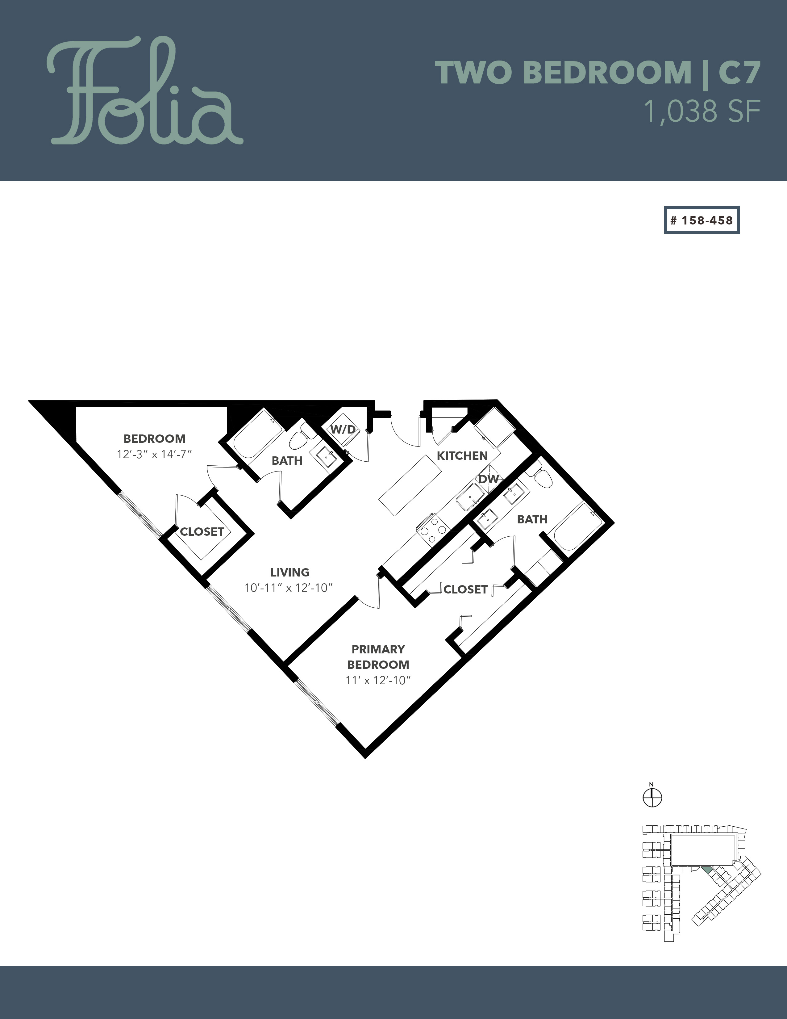 Floor plan for 2 beds, 2 baths, 1038 sqft